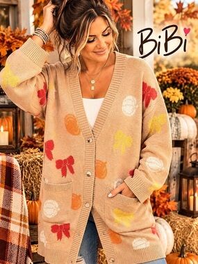 BiBi Pumpkin Bow Print Cardigan Sweater Beige & Orange XL
